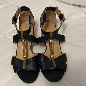 Nuture Nayomi Open Toe Sling Back Wedges 8.5 Navy and Brown  Leather upper/liner
